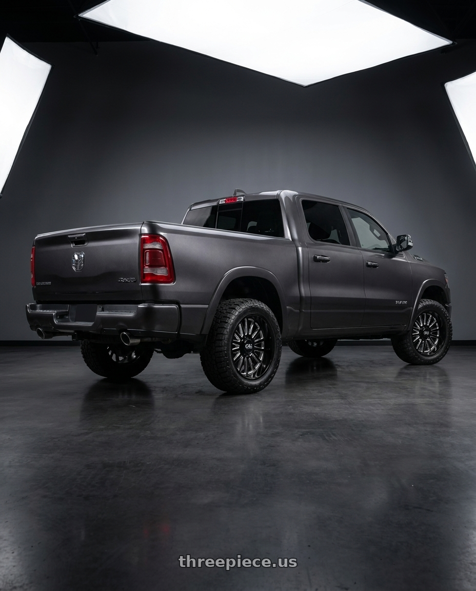 2021 Ram 1500 Laramie with Cali Off-Road Summit 9110 6x139.7 22x10+0 Gloss Black/Milled Spokes wheels rear three quarter view square tires