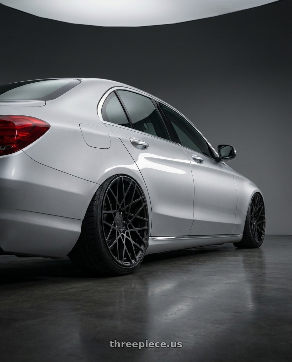 2017 Benz C300 with Rotiform 1PC R112 BLQ 5X112 19X8.5 +35 MATTE BLACK wheels rear three quarter view slight stretch tires