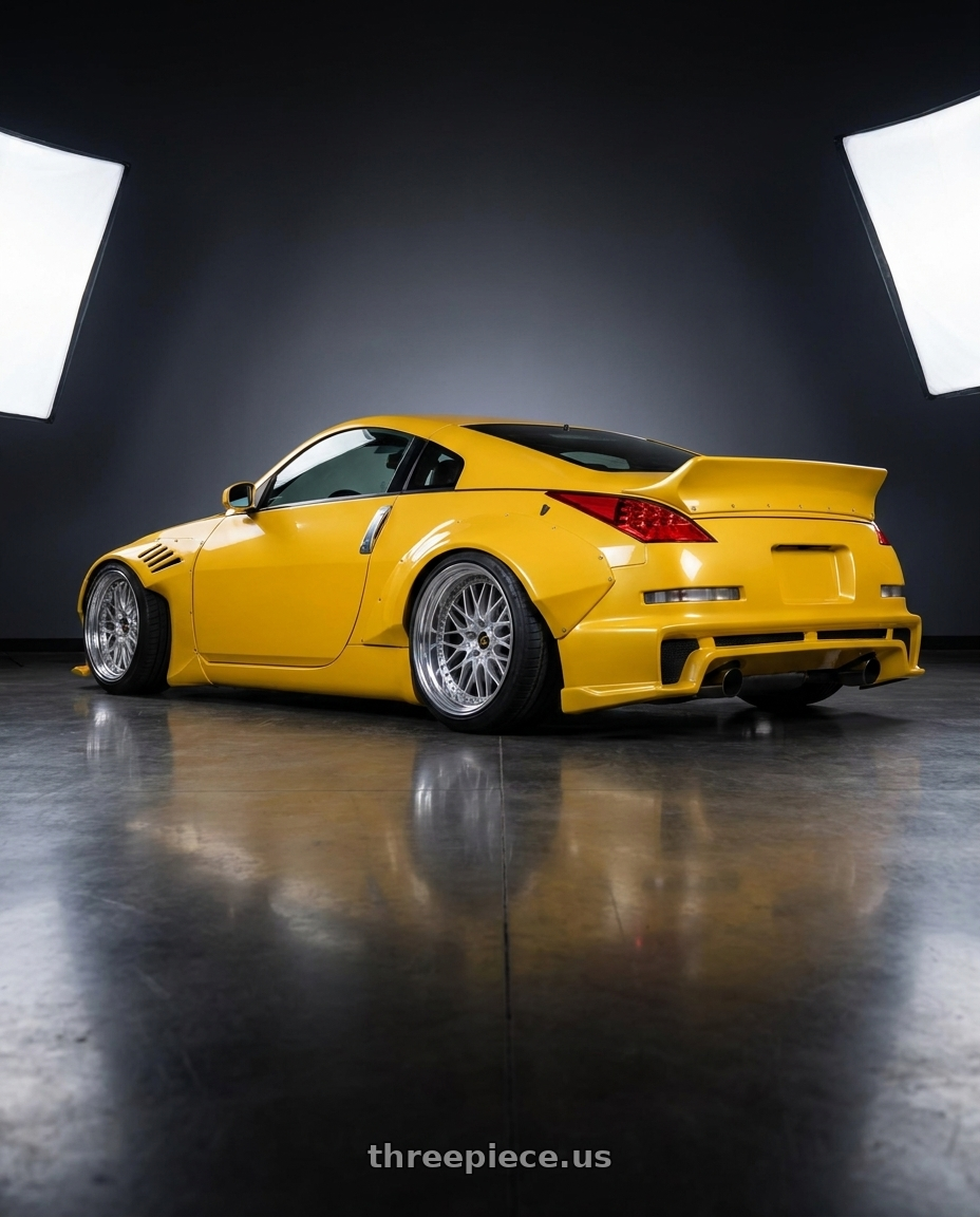 2005 Nissan 350z with Work Vs-Xv 5x114.3 18x9.5+22 L Disk Silky Rich Silver wheels rear three quarter view slight stretch tires
