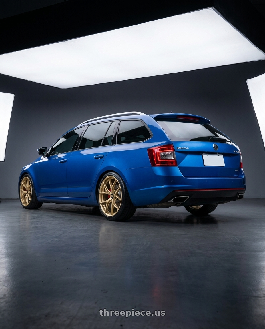 2017 Skoda octavia with BBS FI-R 5x120 19x9.5+22 Gold wheels rear three quarter view slight stretch tires
