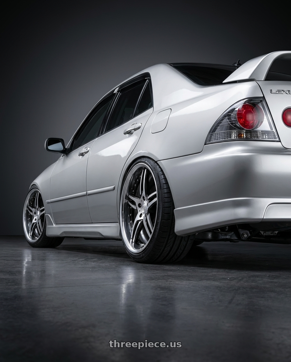2002 Lexus Is300 with DURANDAL DD5.2 BLACK POLISHED 5x100 18x8.5 +26MM wheels rear three quarter view slight stretch tires