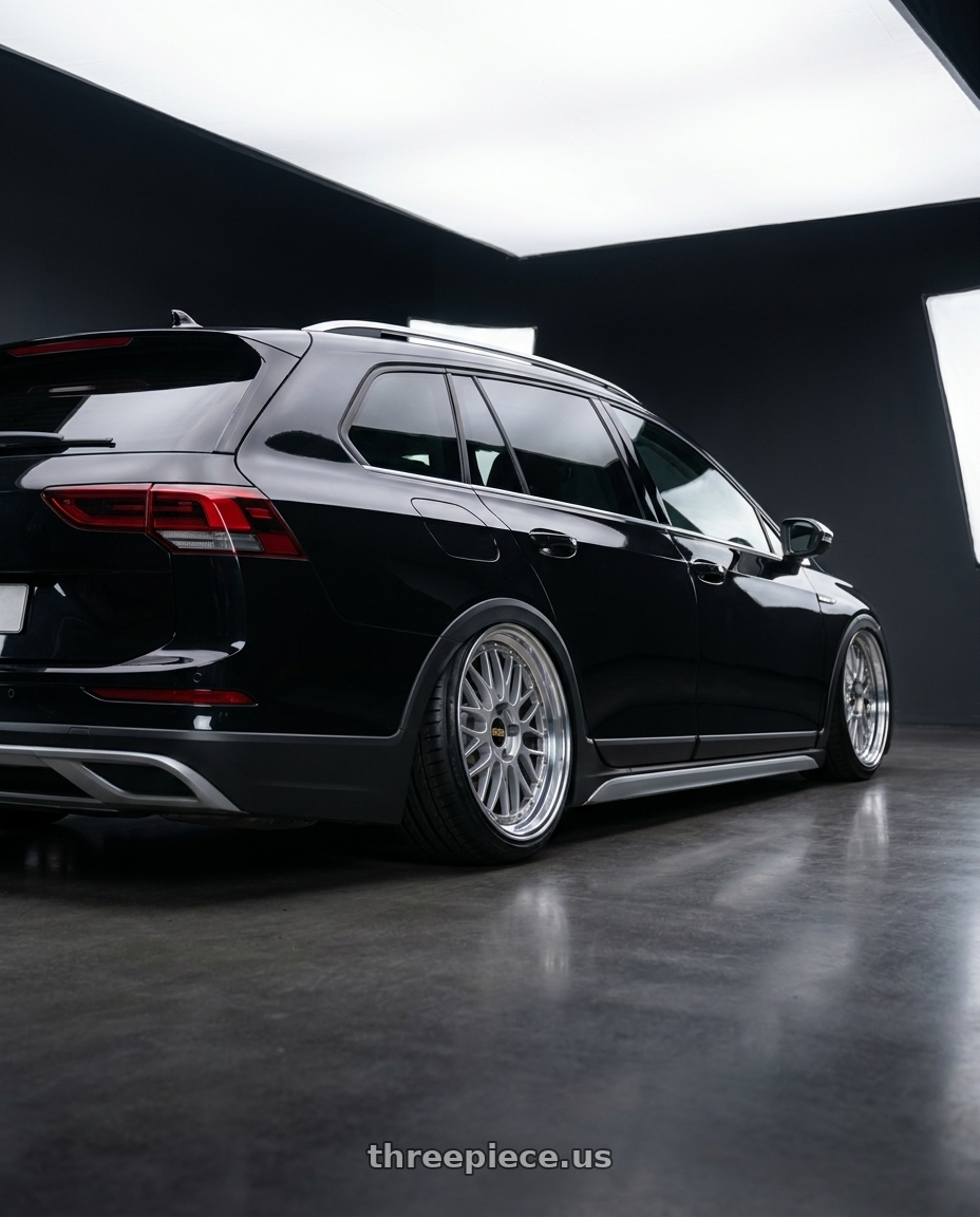 2021 Volkswagen Golf Alltrack with BBS LM 5x114.3 17x7.5+38 Diamond Silver wheels rear three quarter view extreme stretch tires