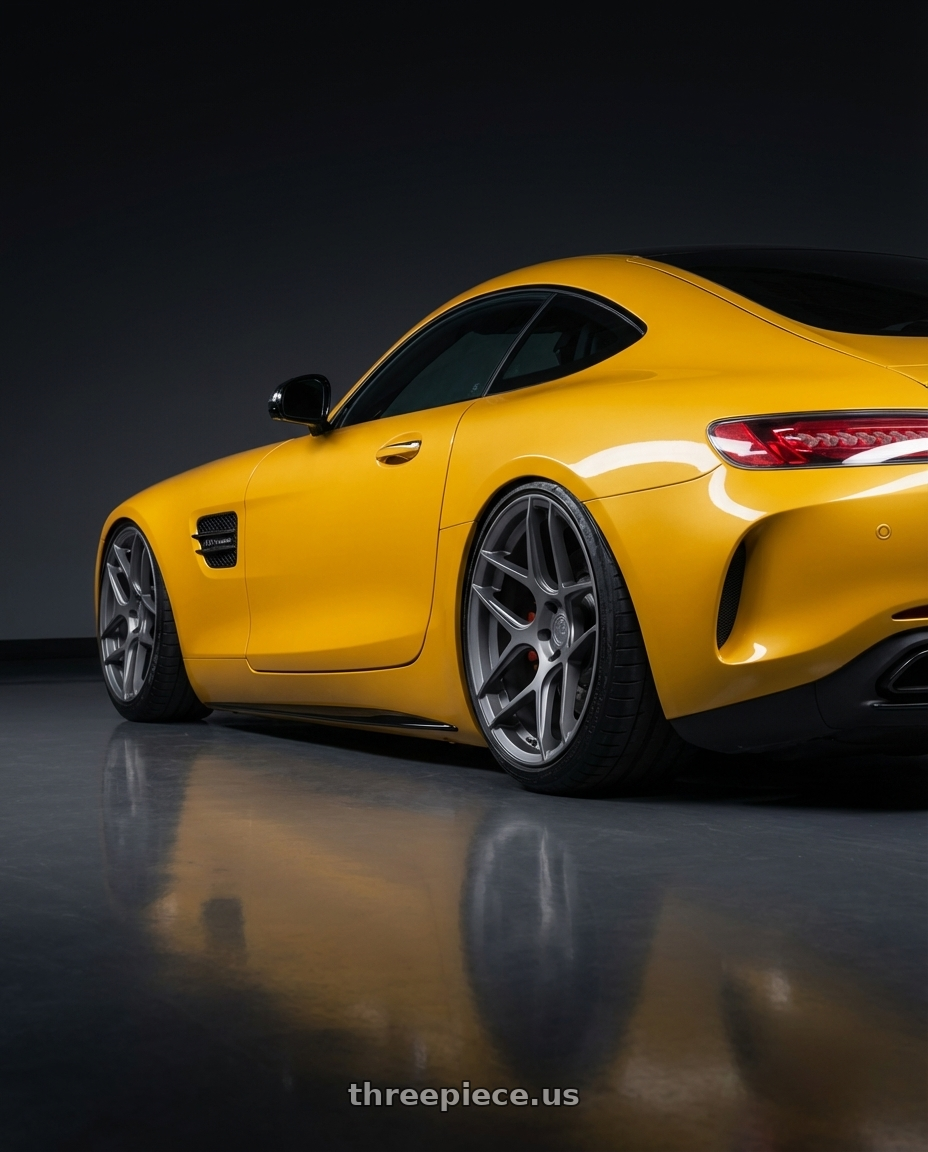 2019 Mercedes-Benz AMG GT with Aodhan AFF2 5x112 20x9+30 Matte Gray wheels rear three quarter view slight stretch tires