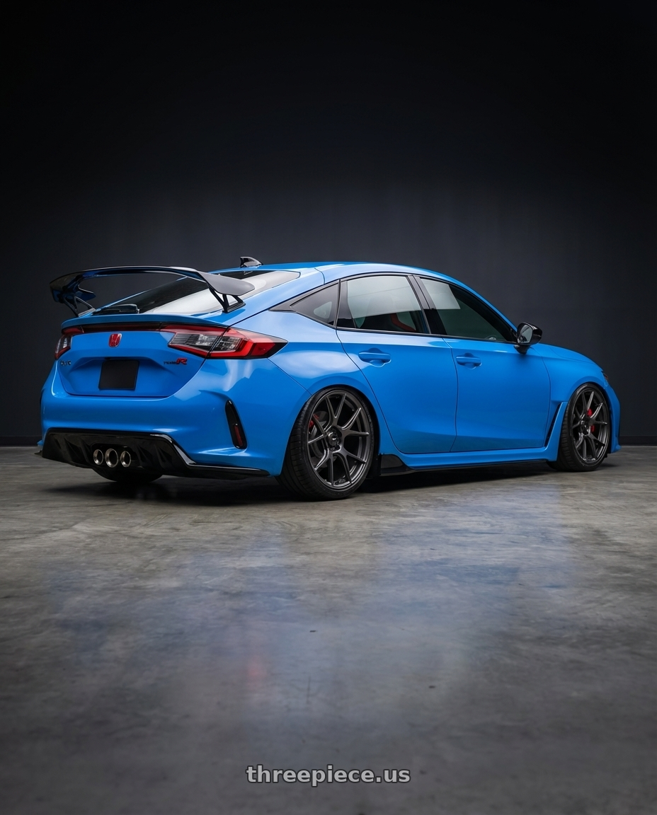 2024 Honda Civic Type R with Konig Ampliform 5x120 19x10+28 Dark Metallic Graphite wheels rear three quarter view slight stretch tires