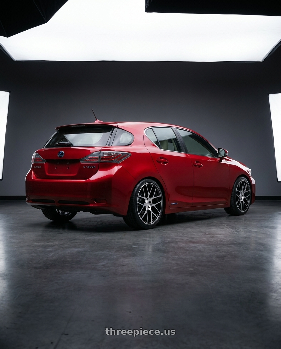 2011 Lexus CT200h with TSW TW002 LASARTHE 5X100 18x8.5 +38 GLOSS BLACK MACHINED wheels rear three quarter view slight stretch tires