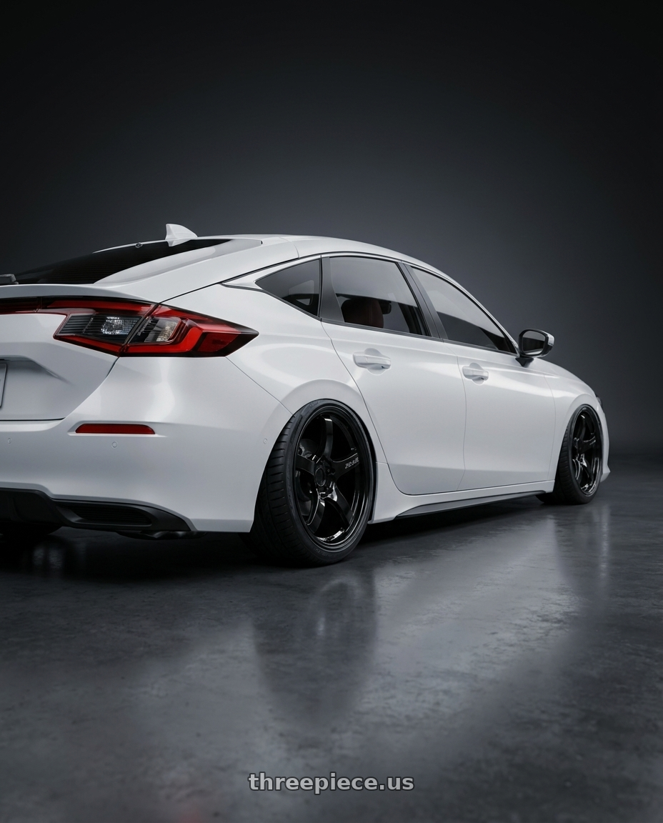 2024 Honda Civic with Gram Lights 57CR 5x114.3 18x8.5+50 Glossy Black wheels rear three quarter view slight stretch tires