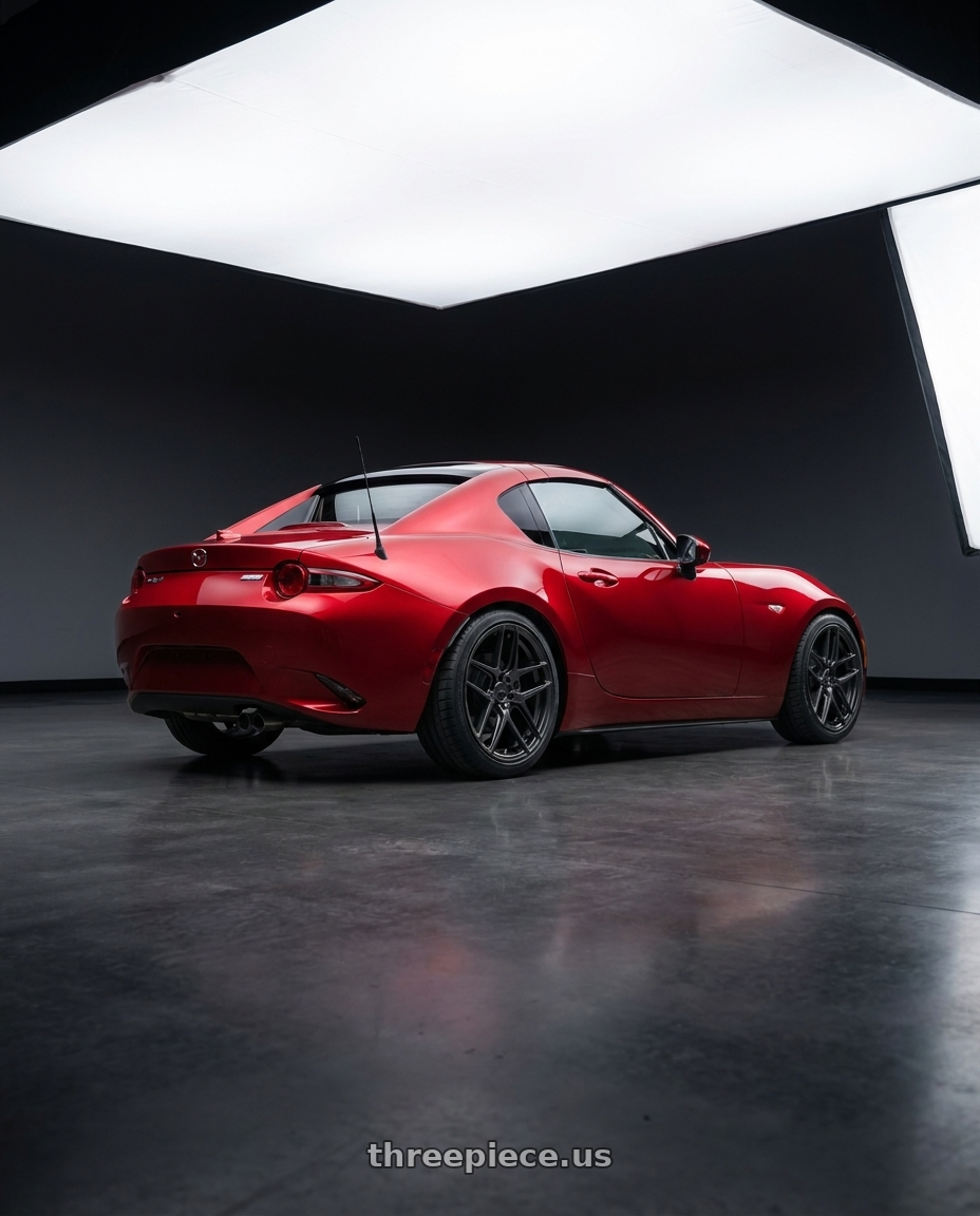 2026 Mx 5 Rf with MRR FS1 5x130 18x8.5  +45 Carbon Flash wheels rear three quarter view square tires