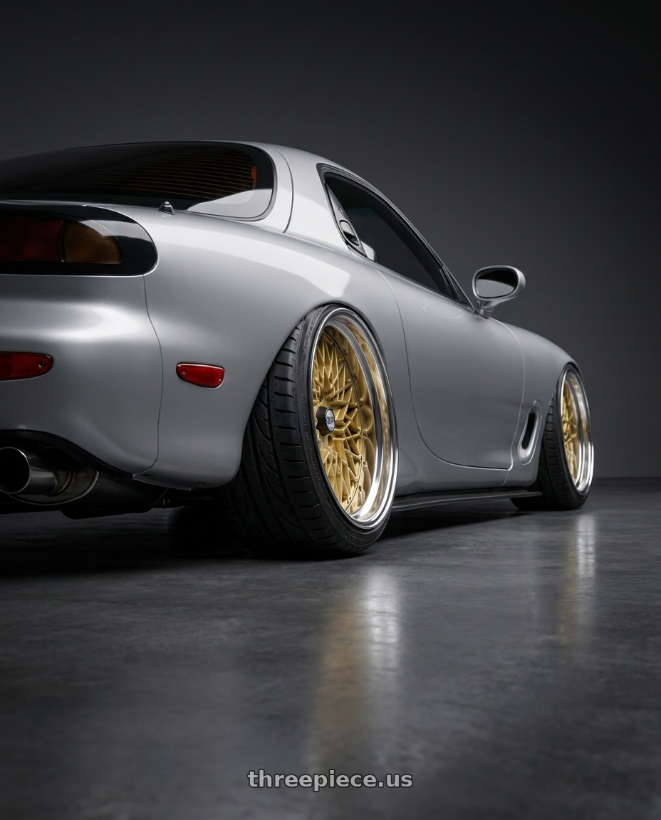 1993 Mazda RX7 with SSR Formula MESH 5x100 19X12.5+-13 HP Disk Fm Gold wheels rear three quarter view extreme stretch tires