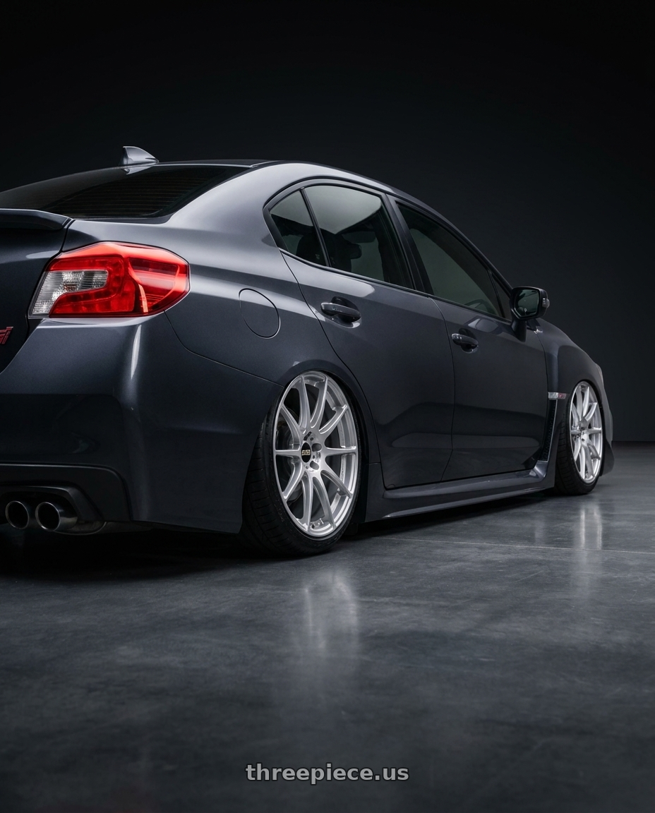 2018 Subaru sti with BBS FS 5x112 19x10 +38 PFS Diamond Silver wheels rear three quarter view slight stretch tires