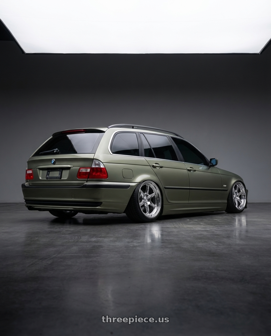 2001 bmw 325it with Kansei K14X Roku 5X120 18x9.5 22 Chrome wheels rear three quarter view slight stretch tires