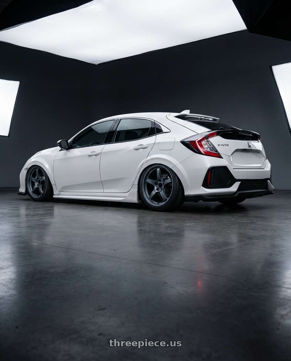 2019 Honda Civic with Gram Lights 57CR 5x114.3 19x9.5+25 Gunblue II wheels rear three quarter view slight stretch tires