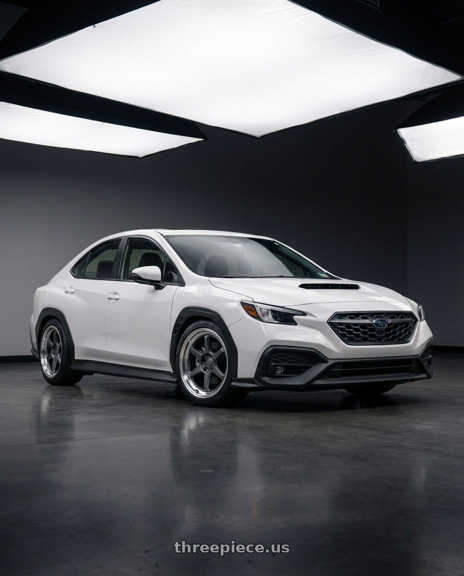 2023 subaru wrx, ceramic white with Kansei K14G Roku 5x114.3 18x9.5 38 Grey and Machined Lip wheels