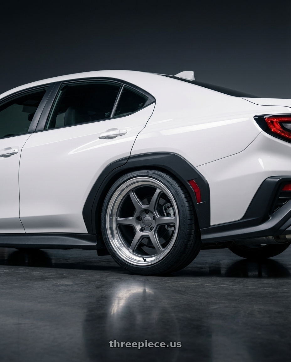 2023 subaru wrx, ceramic white with Kansei K14G Roku 5x114.3 18x9.5 38 Grey and Machined Lip wheels rear three quarter view square tires