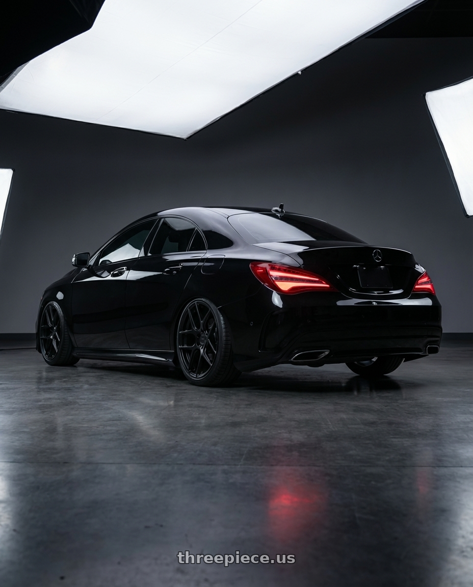 2018 Mercedes-Benz CLA C117 with Aodhan AFF2 5x112 19x8.5+35 Matte Black wheels rear three quarter view slight stretch tires