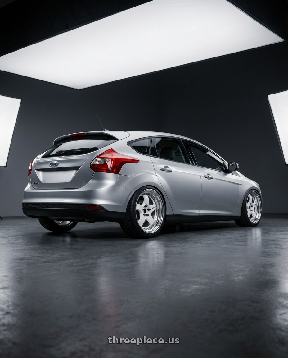 2014 ford focus mk3 1.6 silver with Work Meister S1 3P 5x108 18x8.5+35 L Disk White wheels rear three quarter view slight stretch tires
