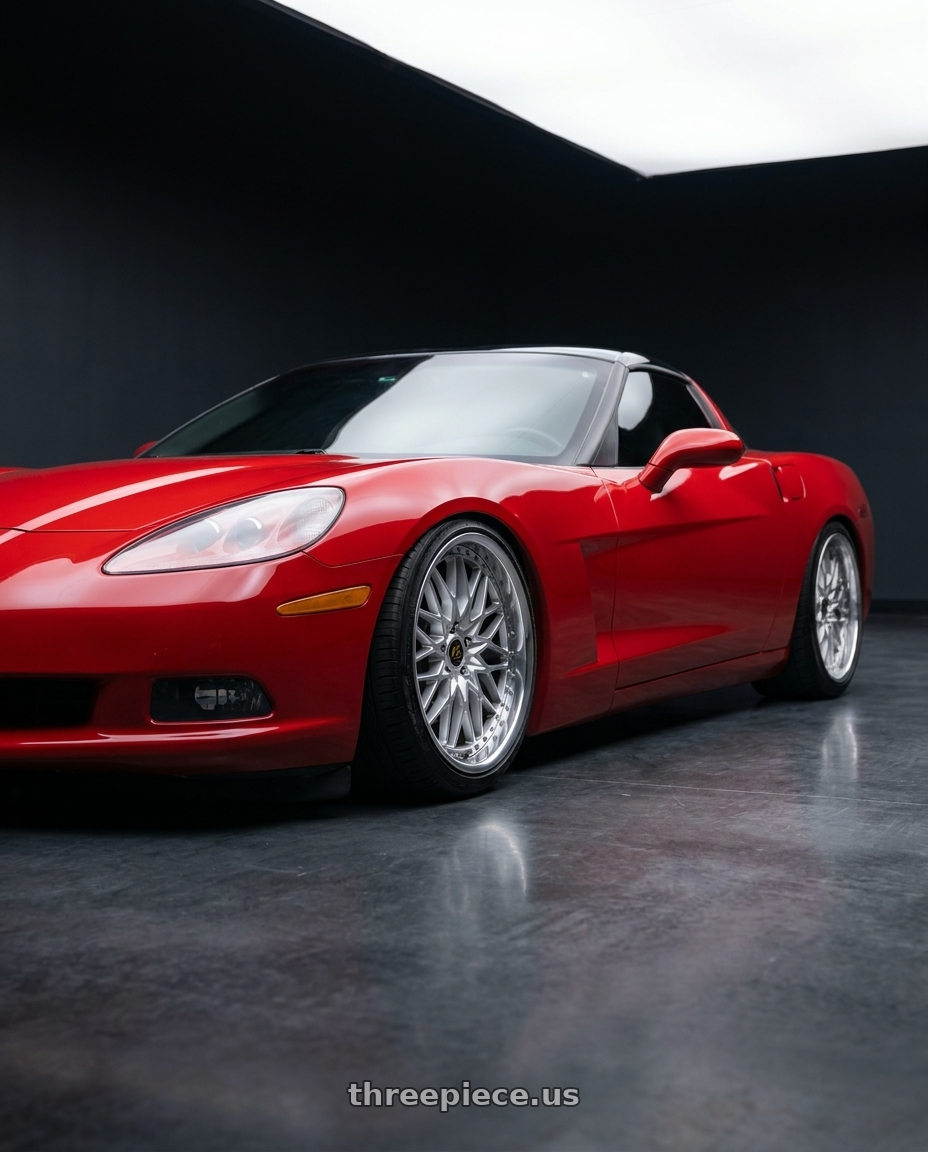 2005 Chevy corvette with Work Vs-Xv 5x120.65 18x9.5+65 O Disk Silky Rich Silver wheels