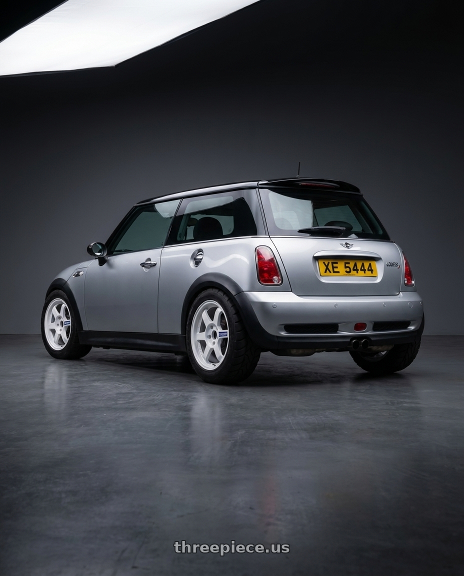 2004 r53 coopers with Volk Racing TE37 Gravel 5x114.3 15x7.0+35 White wheels rear three quarter view meaty tires