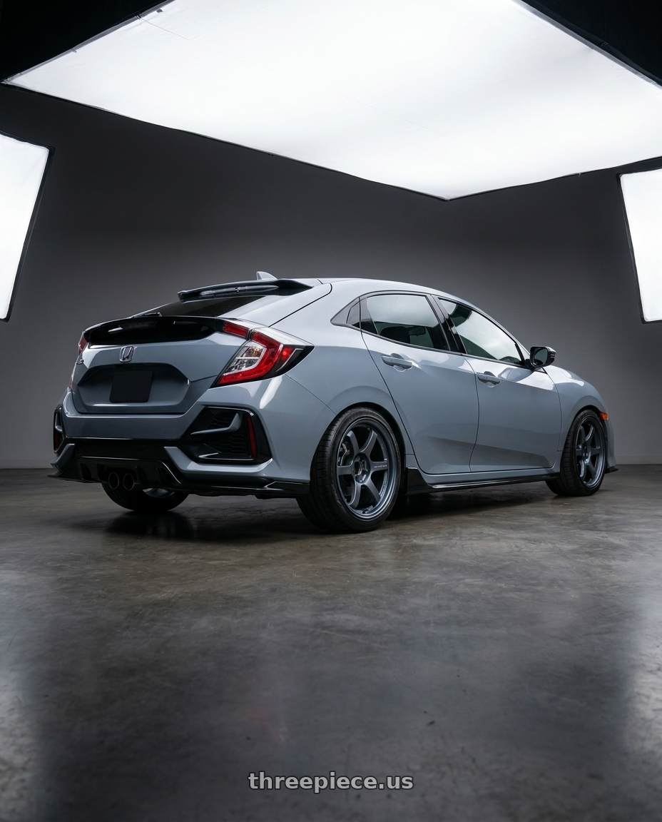 2021 Honda Civic sports hatchback with Gram Lights 57DR 5x114.3 18x9.5+38 Gunblue II wheels rear three quarter view slight stretch tires