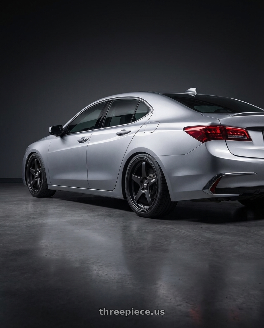 2019 Acura TLX with ESR Wheels APEX SERIES AP5 5x114.3 19x8.5 +30 Matte Black wheels rear three quarter view square tires