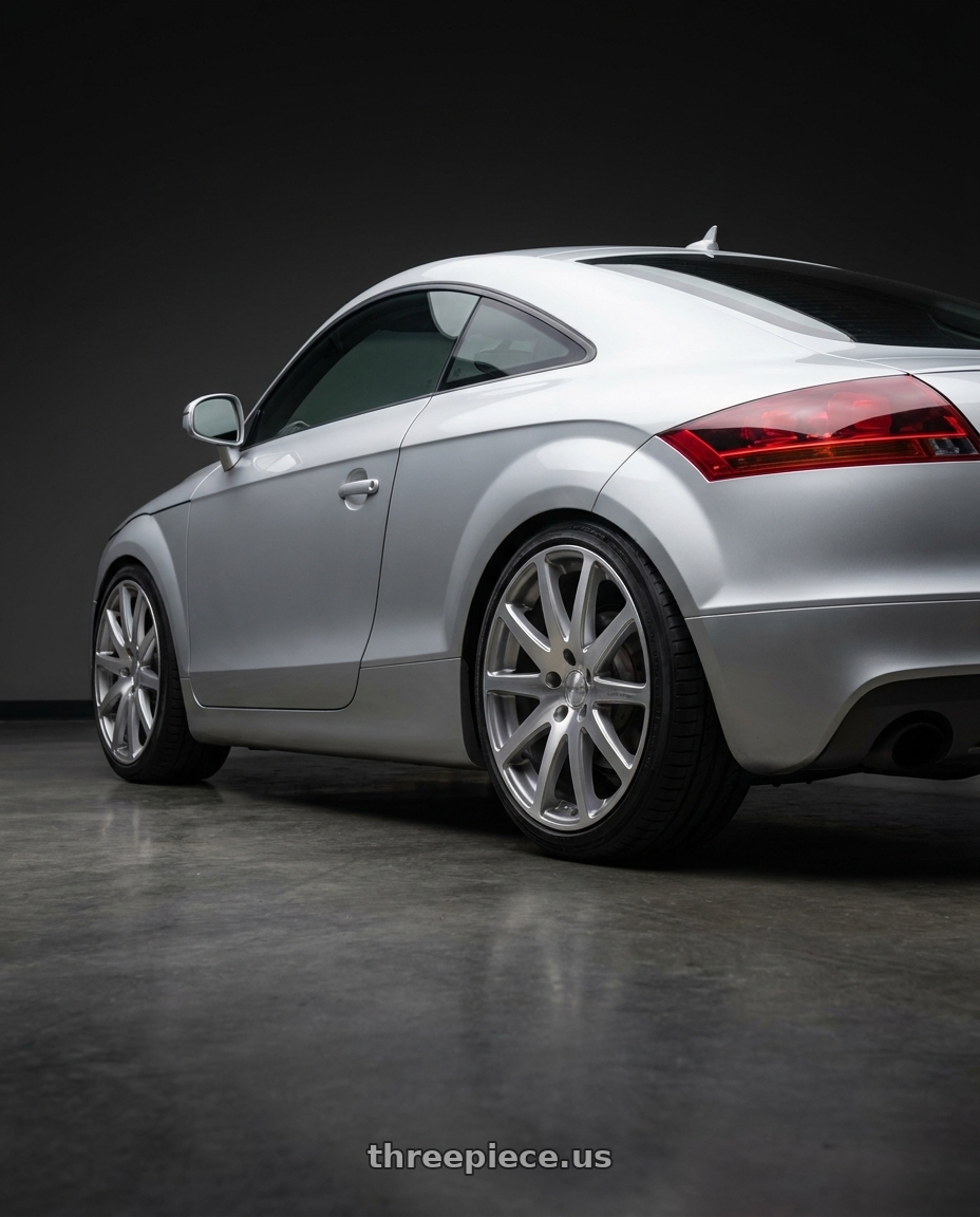 2008 audi tt Mk2 with MRR HR3 5x112 19x8.5 +35 Silver Machine Face wheels rear three quarter view square tires