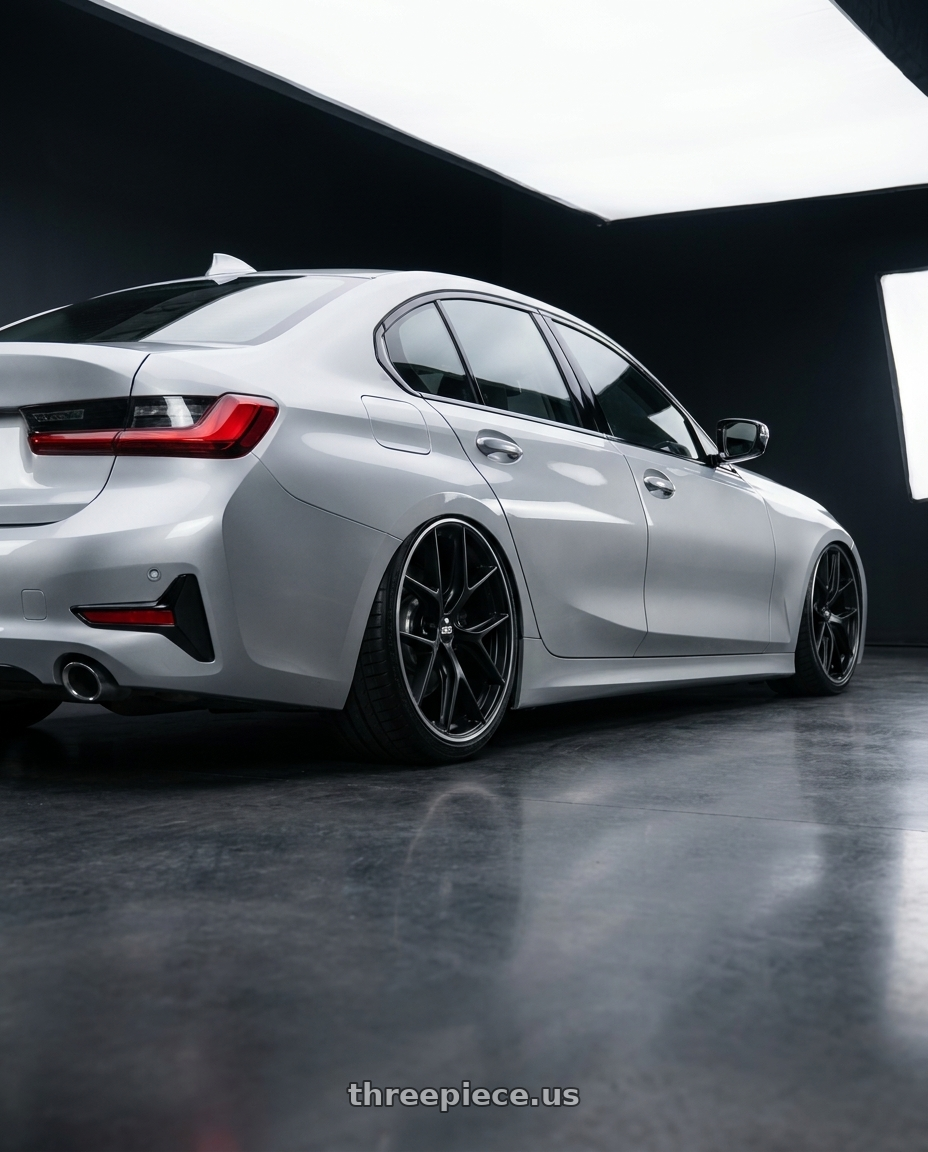 2023 BMW 3 Series G20 with BBS CC-R 5x112 19x8.5+30 Satin Black wheels rear three quarter view slight stretch tires