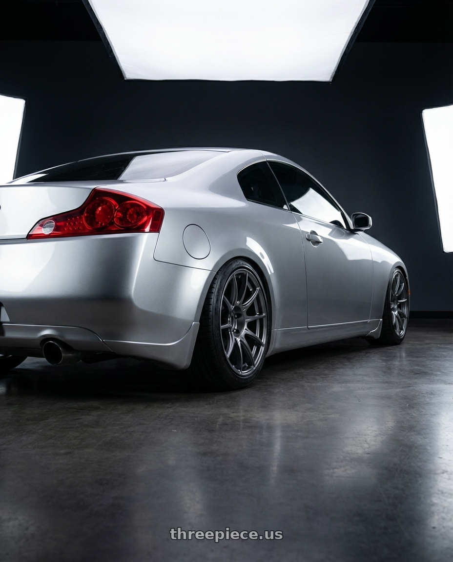 2006 g35 coupe with Ssr Gtx01 5x114.3 18x9.5+15  DARK SILVER wheels rear three quarter view square tires