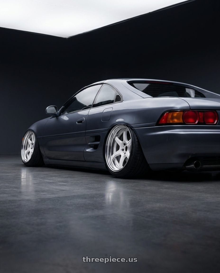 1991 Toyota Mr2 SW20 with Work T7r 2P 5x100 18x10.0 +0 WHITE wheels rear three quarter view square tires