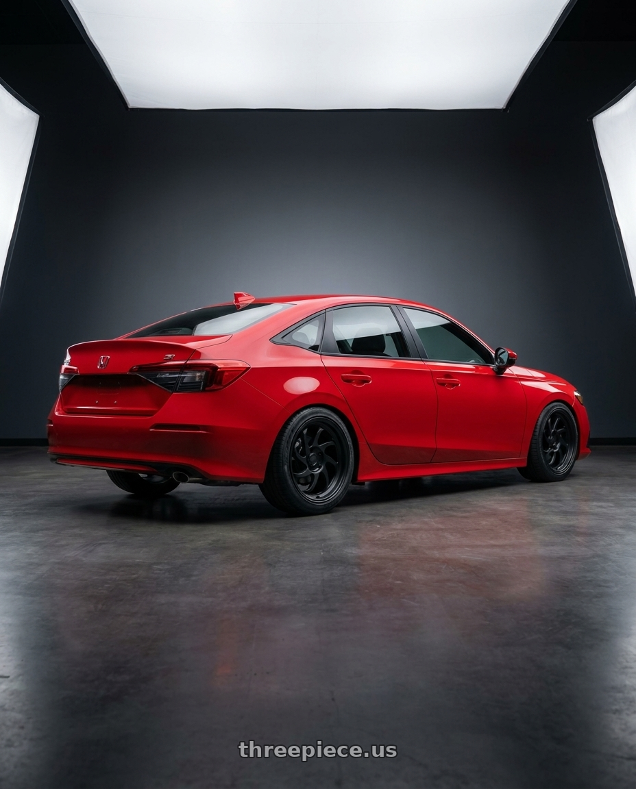 2026 Honda Civic Si with Enkei Cyclone 6x135 18x9+12 Matte Black wheels rear three quarter view slight stretch tires
