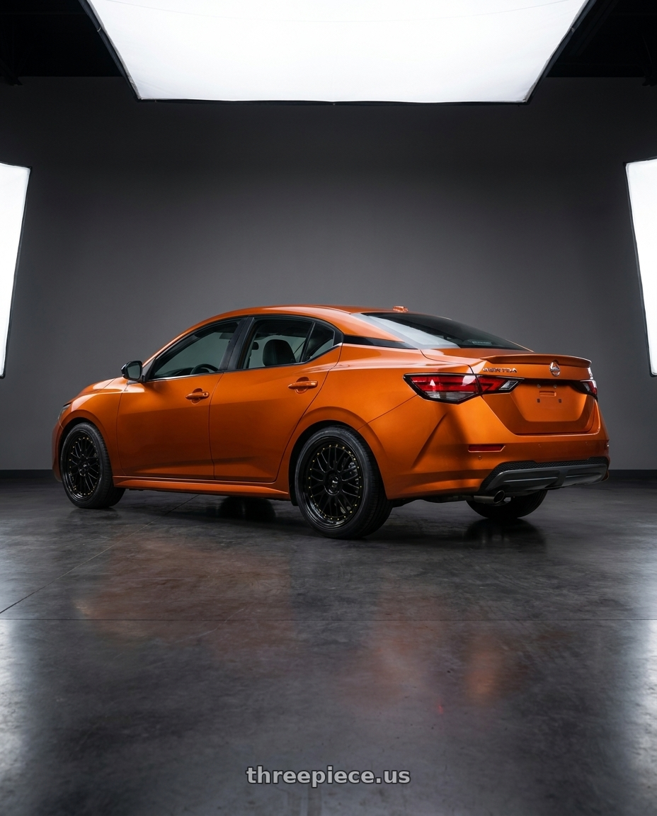 2024 nissan sentra sr premium  with Vors VR8 5x114.3 18x8  +35 All Black Gold Rivet wheels rear three quarter view square tires
