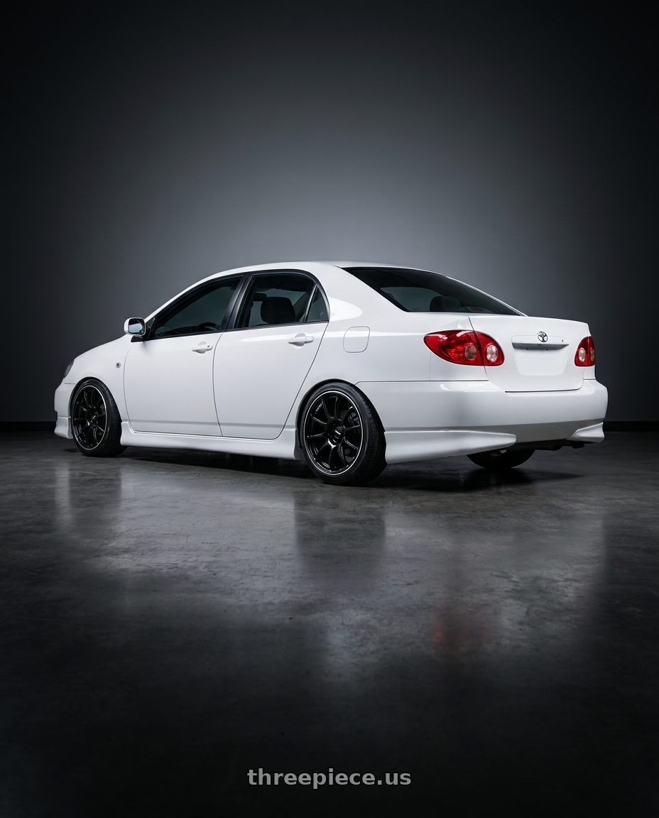 2006 corolla 9gen with Advan RZ II 4x100 16x7.0+41 Racing Gloss Black and Ring wheels rear three quarter view slight stretch tires