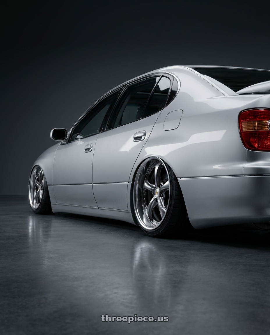 2001 Lexus GS300 with Work Wheels VS-KF 5x100 19x7.5-4 Brilliant Silver Black A Disk FULL REVERSE wheels rear three quarter view slight stretch tires