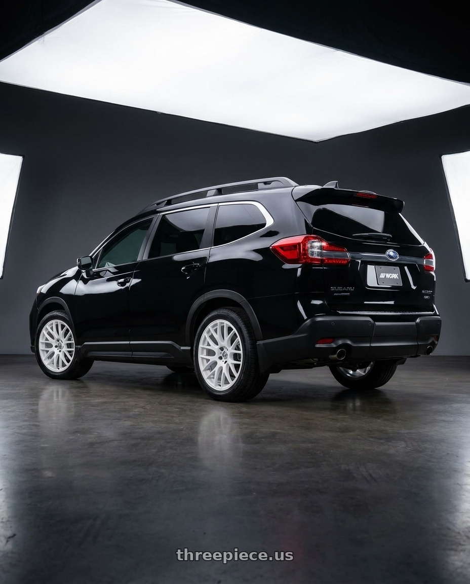 2025 Subaru Ascent Black with Work Emotion M8R wheels rear three quarter view square tires
