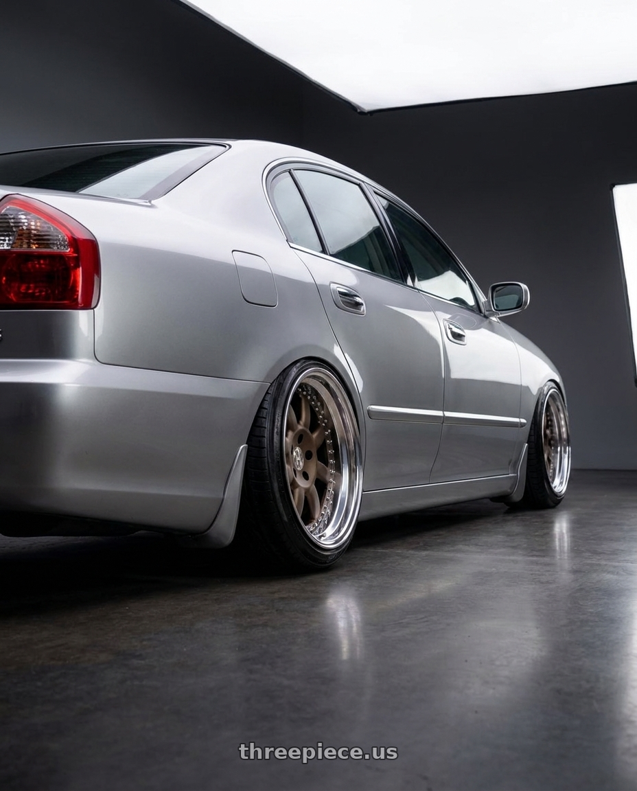 2003 Infiniti Q45 with Heritage Wheel TOKACHI wheels rear three quarter view extreme stretch tires