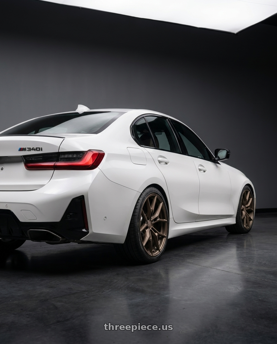2025 BMW M340i xdrive with TSW NEPTUNE 5X112 20X9 +35 MATTE BRONZE wheels rear three quarter view square tires