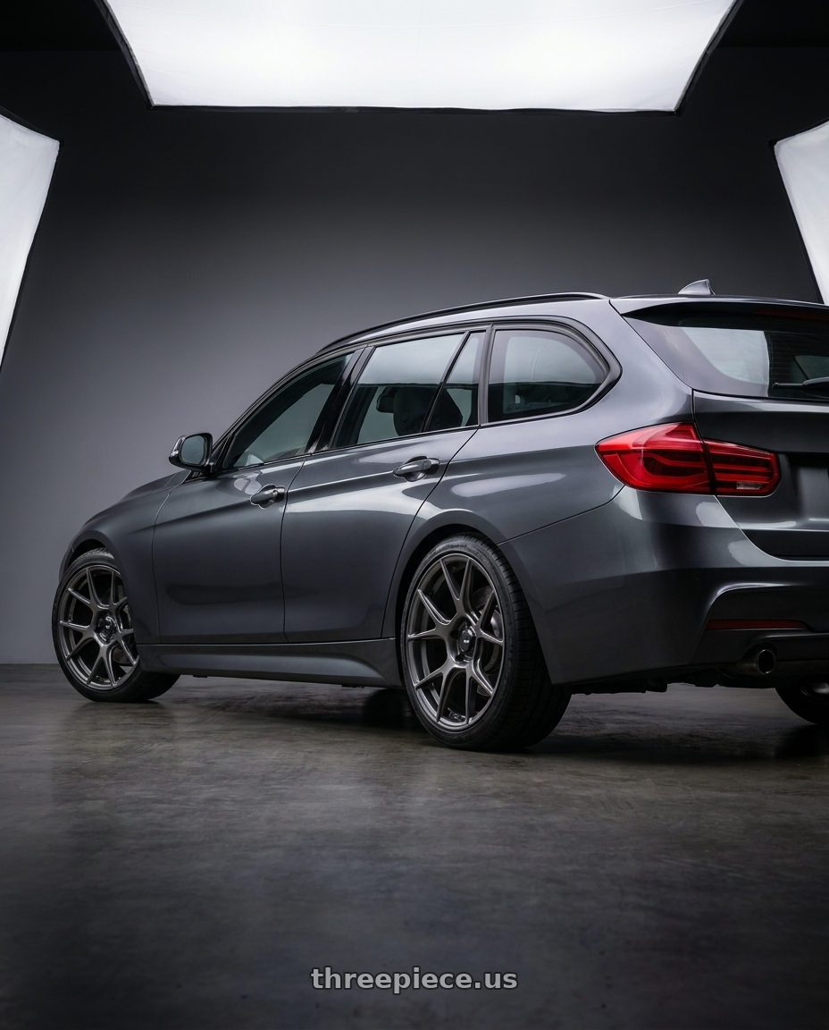 2016 BMW 3 Series F30 with Konig Ampliform 5x120 19x8.5+32 Dark Metallic Graphite wheels rear three quarter view square tires