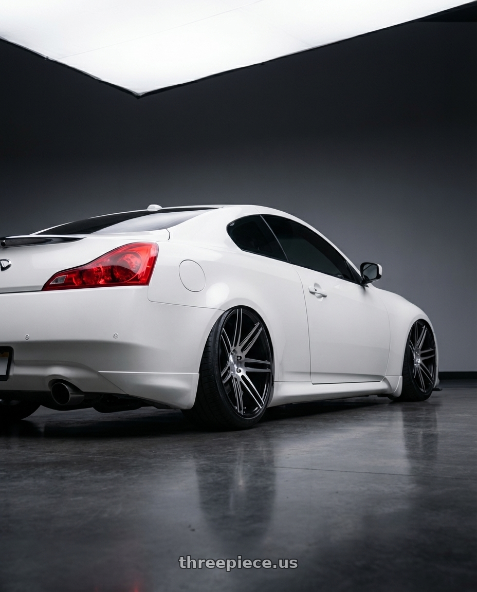 2014 Infiniti G37 Coupe with Niche 1PC M178 TRENTO 5X114.3 19X8.5 +35 GLOSS BLACK BRUSHED wheels rear three quarter view slight stretch tires