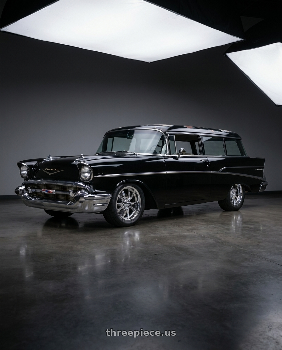 1957 chevrolet 210 black with Ridler Type 650 5x120.65 17x8+0 Chrome wheels