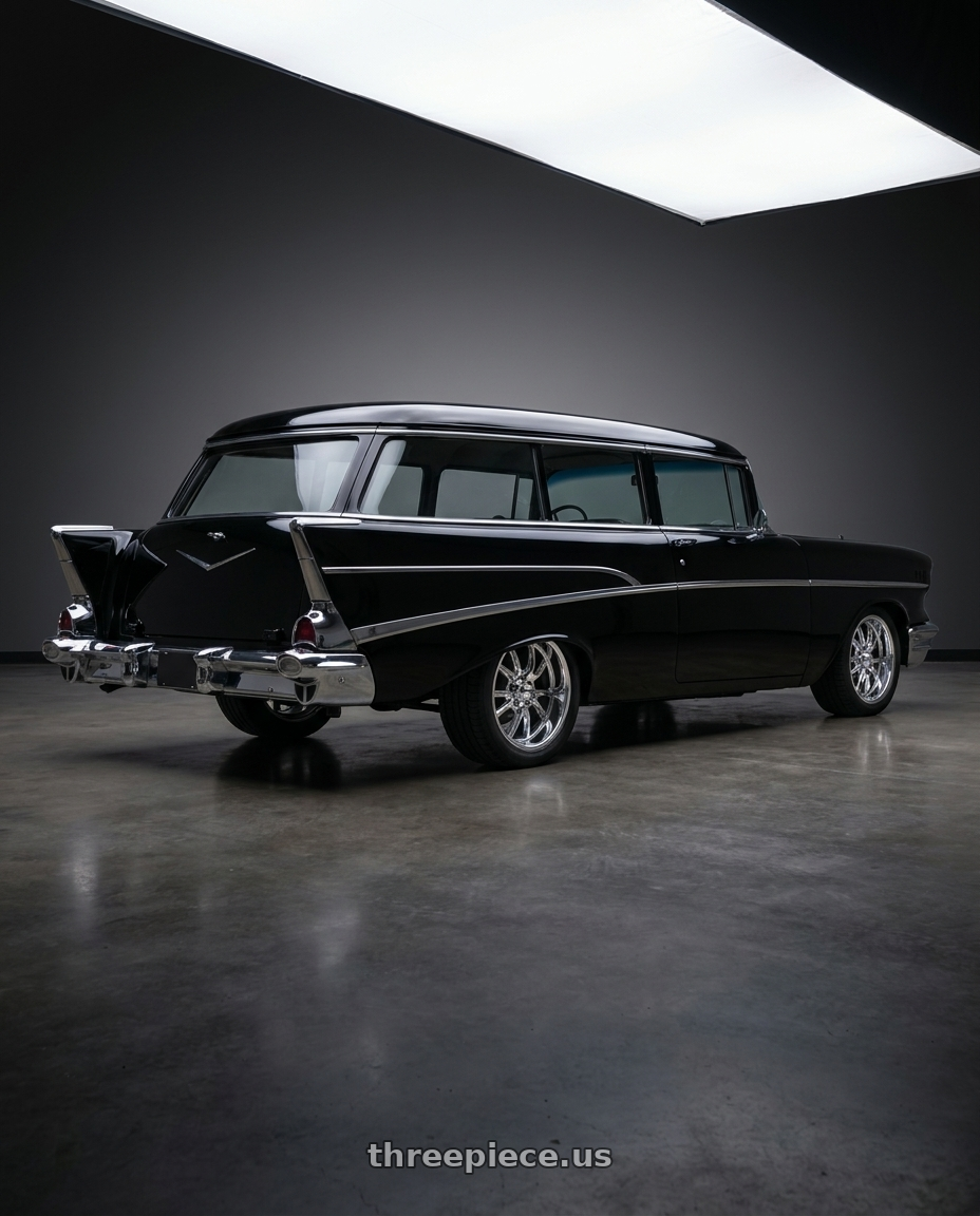 1957 chevrolet 210 black with Ridler Type 650 5x120.65 17x8+0 Chrome wheels rear three quarter view square tires