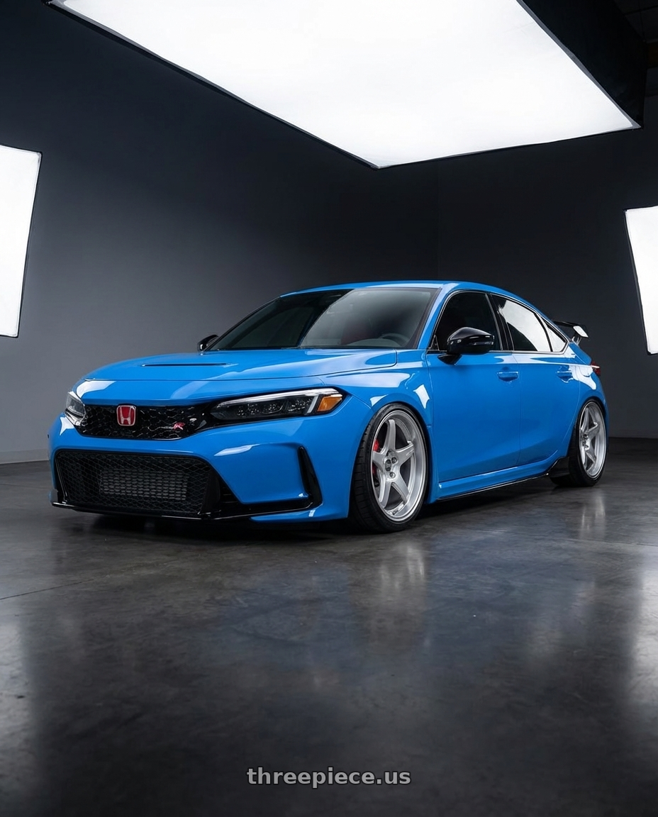 2024 Honda Civic Type R with ESR Wheels APEX SERIES AP5 5x120 19x8.5 +30 Hyper Silver wheels front three quarter view stanced stance