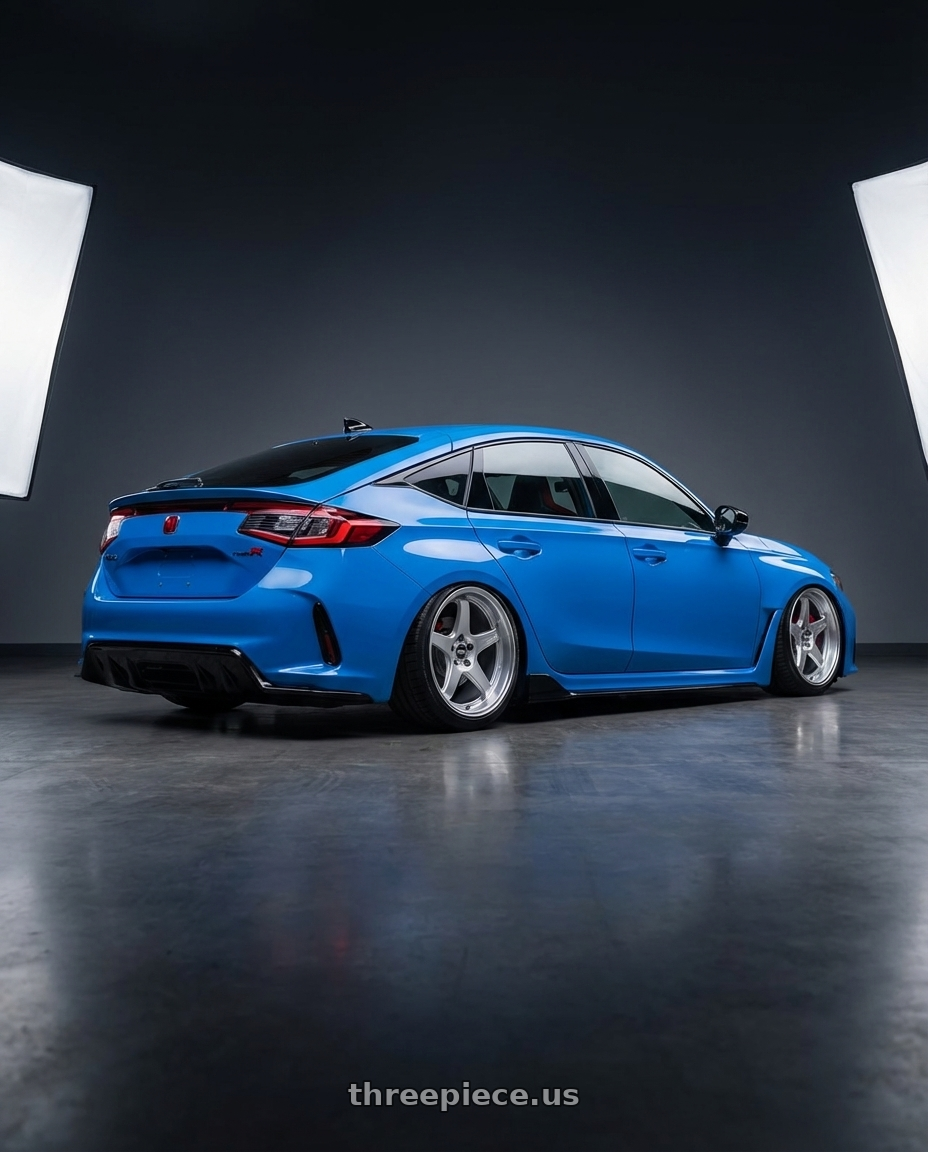 2024 Honda Civic Type R with ESR Wheels APEX SERIES AP5 5x120 19x8.5 +30 Hyper Silver wheels rear three quarter view slight stretch tires