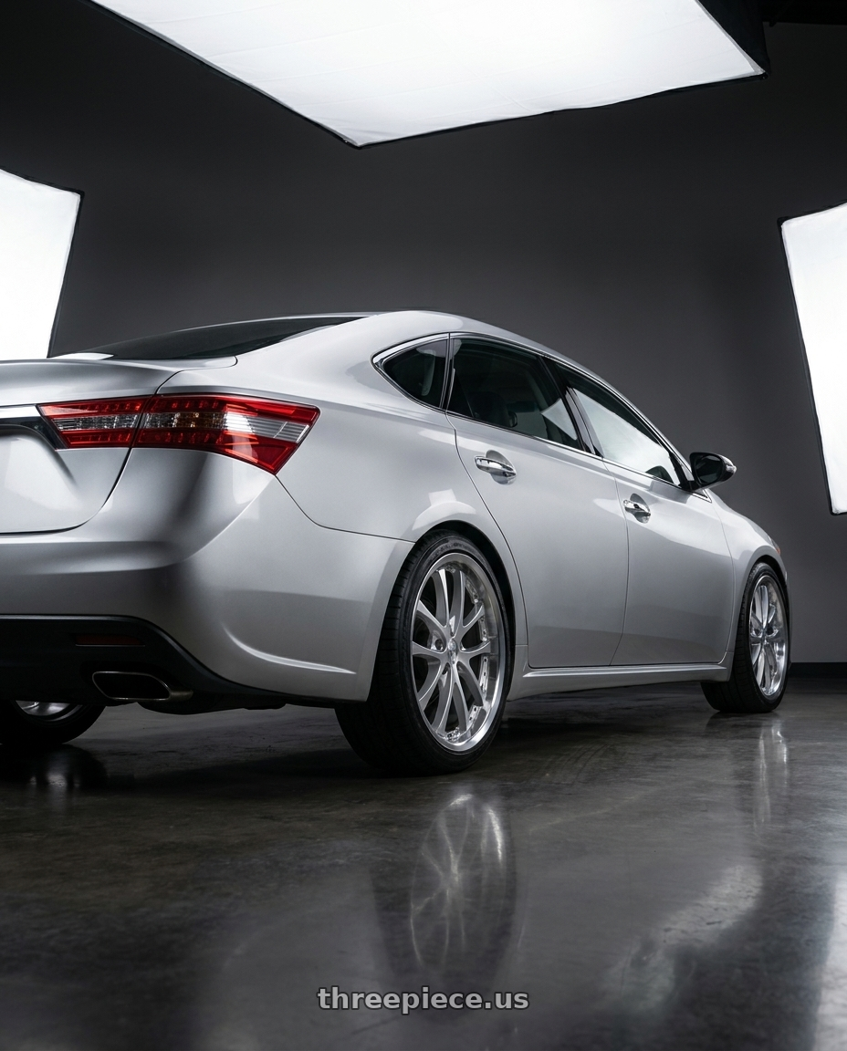 2013 toyota avalon with Vors AR5 5x114.3 19x8.5 +35 Silver Machine Face Lip Chrome Rivet wheels rear three quarter view square tires