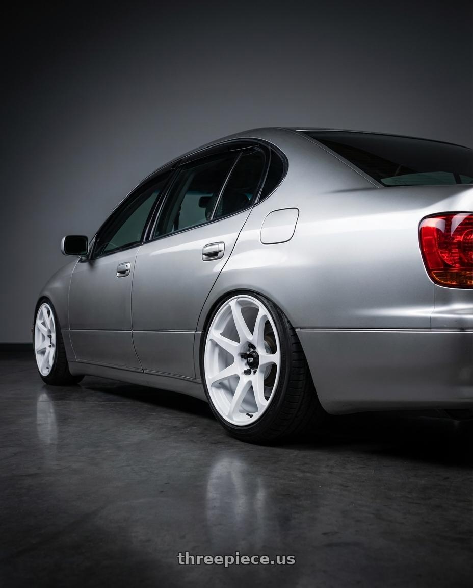 2002 lexus gs300 with Motegi MR154 BATTLE 5X114.3 18X9.5 +15 WHITE wheels rear three quarter view slight stretch tires