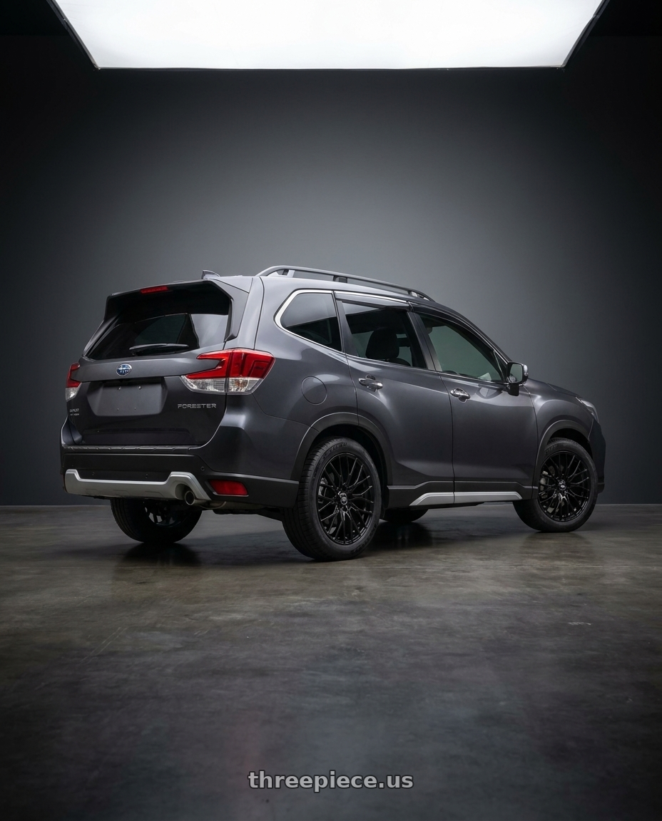 2019 Subaru Forester with Enkei EDR9 5x100/114.3 18x7.5+45 Black wheels rear three quarter view square tires