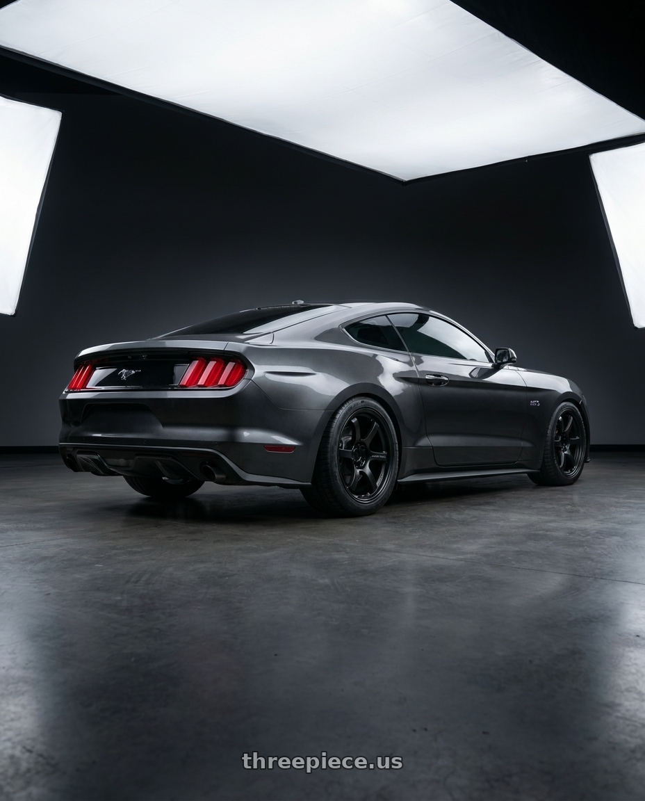 2017 Ford mustang with Gram Lights 57DR 5x114.3 19x9.5+35 Semi Gloss Black wheels rear three quarter view square tires