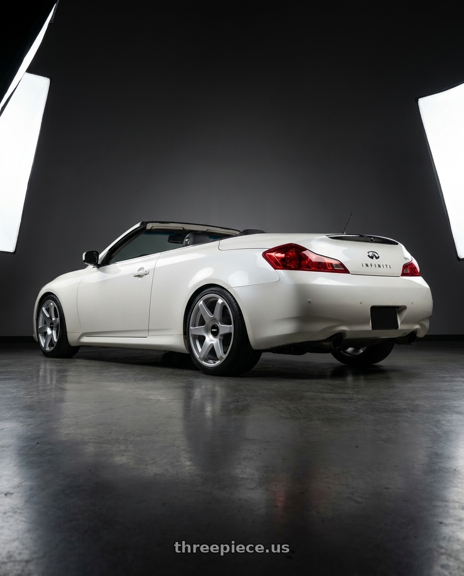 2009 G37 Convertible with Rotiform 1PC R114 SIX BLANK 19X8.5 +38 GLOSS SILVER wheels rear three quarter view square tires