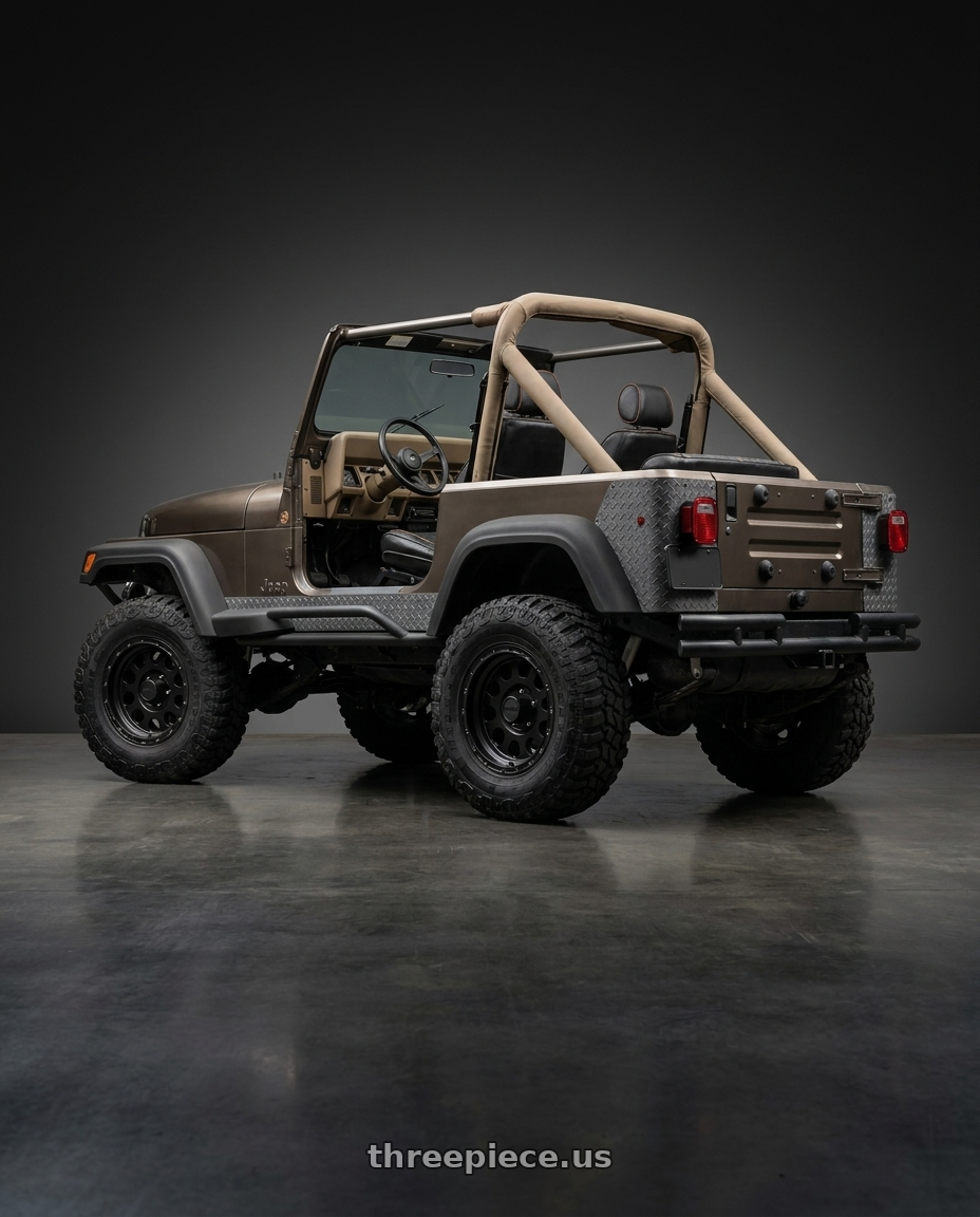 1990 JEEP WRANGLER with KMC KM522 ENDURO 5X114.3 15X7 -6 MATTE BLACK wheels rear three quarter view meaty tires