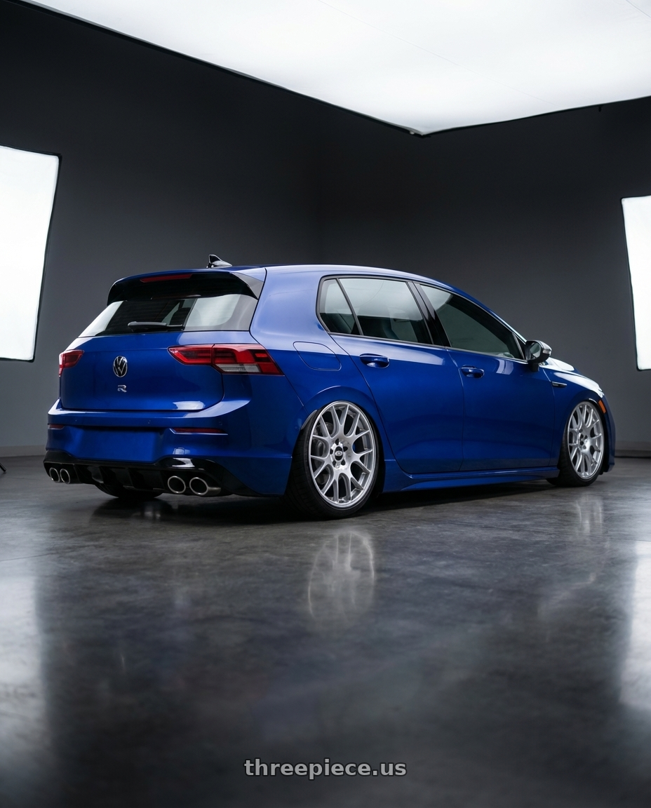 2026 Volkswagen Golf R with BBS CH-R 5x112 18x8.5 +38 Brilliant Silver Polished Rim Protector wheels rear three quarter view slight stretch tires
