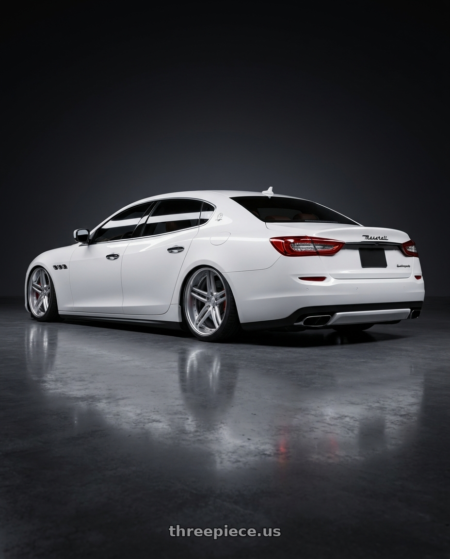 2014 maserati quattroporte gts  with Work Gnosis Gr205 5x114.3 20x10.5+38 A Disk Brush Silver Clear wheels rear three quarter view square tires