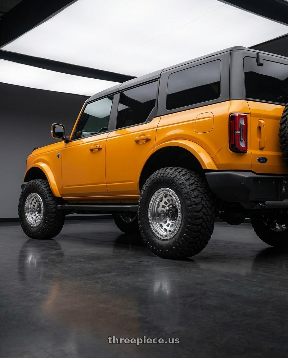 2024 Ford Bronco with Fuel 1PC D102 ZEPHYR BEADLOCK 6X139.7 17X9 -15 GLOSS MACHINED wheels rear three quarter view meaty tires