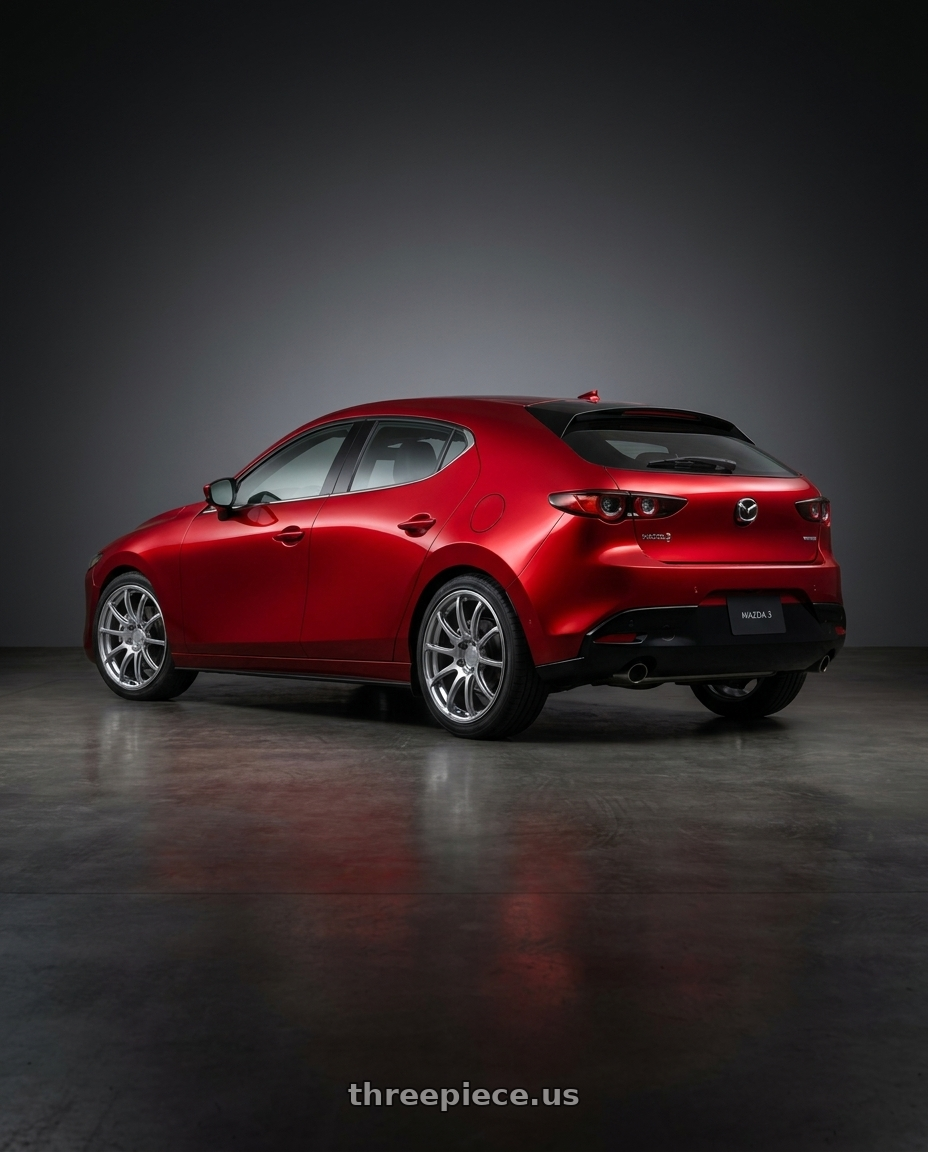 2024 Mazda 3 with Advan Racing RSII 5x130 19x8.5 +52 HYPER SILVER wheels rear three quarter view slight stretch tires